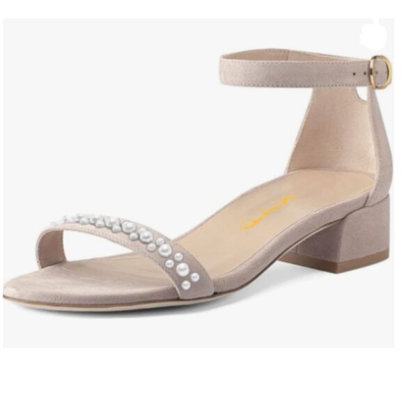 XYD Nude Pearls Open Toe Strappy Low Block Heel Sandal Ankle Strap with Buckle - Picture 1 of 8